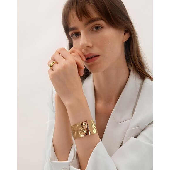 WOWORAMA Hammered Chunky Cuff Bracelets for Women Vintage Boho Wide Bangle - Picture 3 of 8